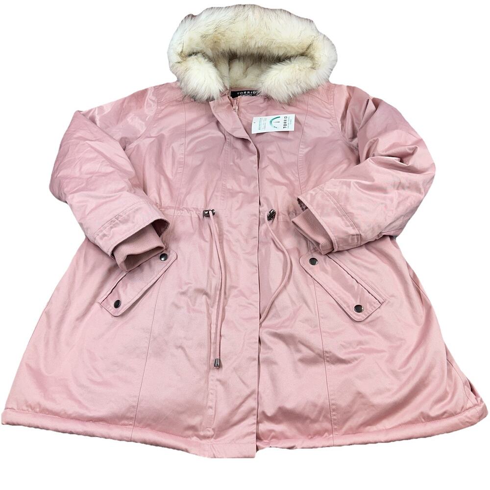 NWT Torrid Twill Faux Fur Trim Parka Pink 1X 14/16 Hooded Winter Coat Plus Cozy - Picture 2 of 11